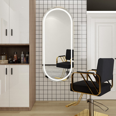 Barbería espejo salón de pelo especial montado en la pared espejo de un solo lado piso con luz inteligente espejo led
