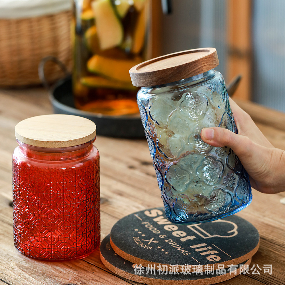 Retro 1000ml almacenamiento de vidrio en relieve para granos domésticos almacenamiento de té bocadillos café sellado lata al por mayor