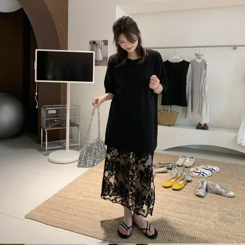 Loose Large Size Black t Skirt + Lace Skirt Two-Piece Set European Goods Recommended Popular Casual Two-Piece Set for Women