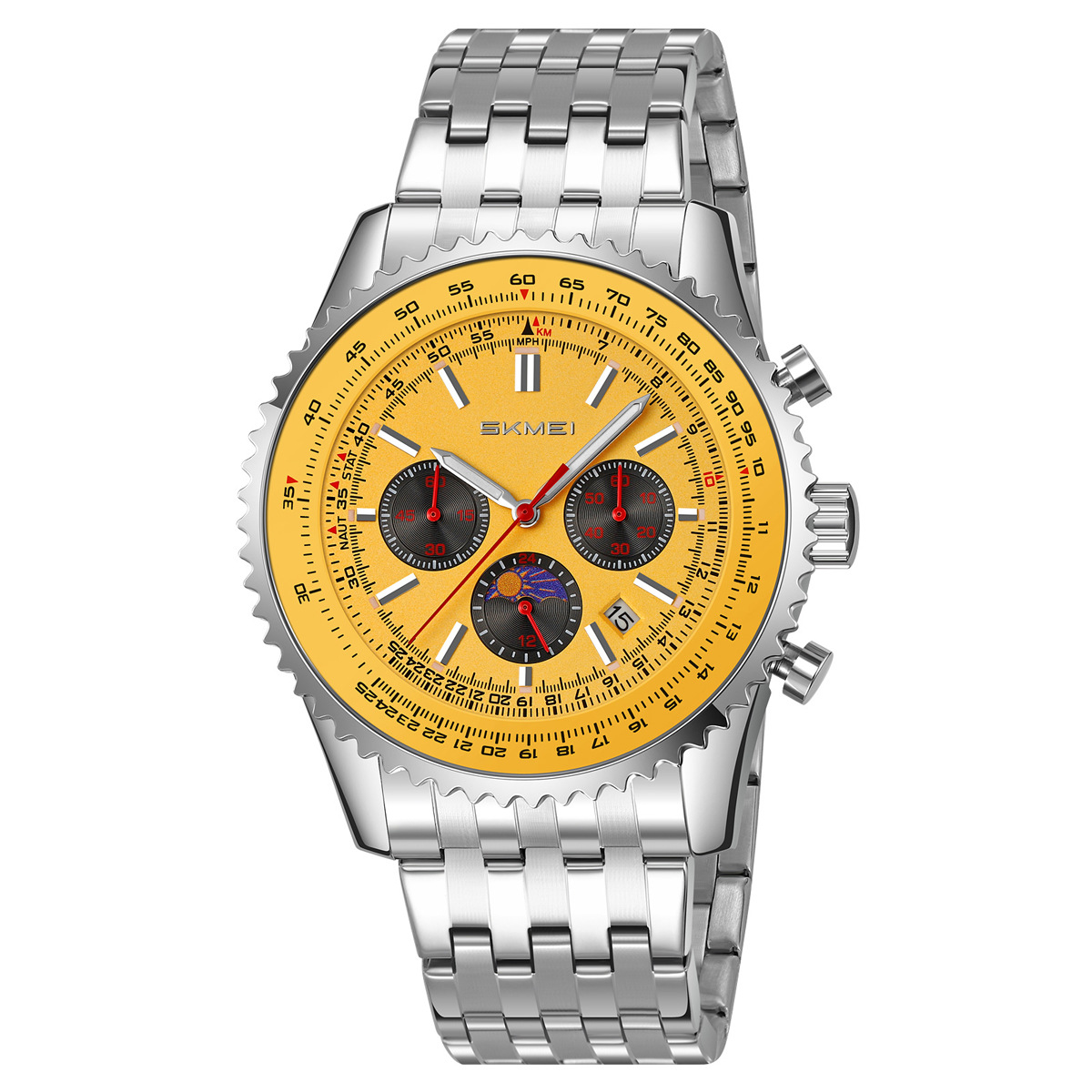 Momento de los Estados Unidos transfronterizos para hombres reloj de acero correa de tres ojos seis agujas multifuncional reloj de pulsera horario de estrellas al por mayor