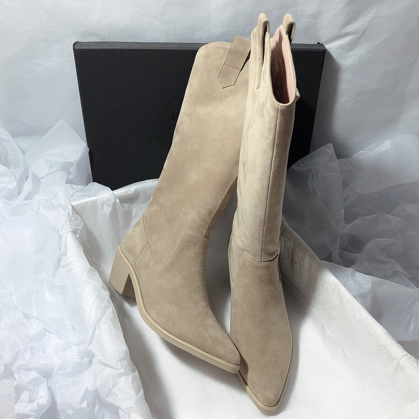 Fashionable denim suede high boots pointed-toe for camping