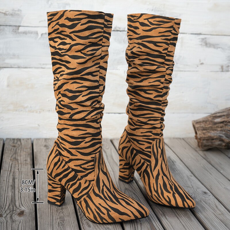 European and American Style New Pointed-Toe Zebra Print Chunky Heel Knee-High Boots Large Size Trendy Women's Boots in Stock European and American Style New Pointed-Toe Zebra Print Chunky Heel Knee-High Boots Large Size Trendy Women's Boots in Stock