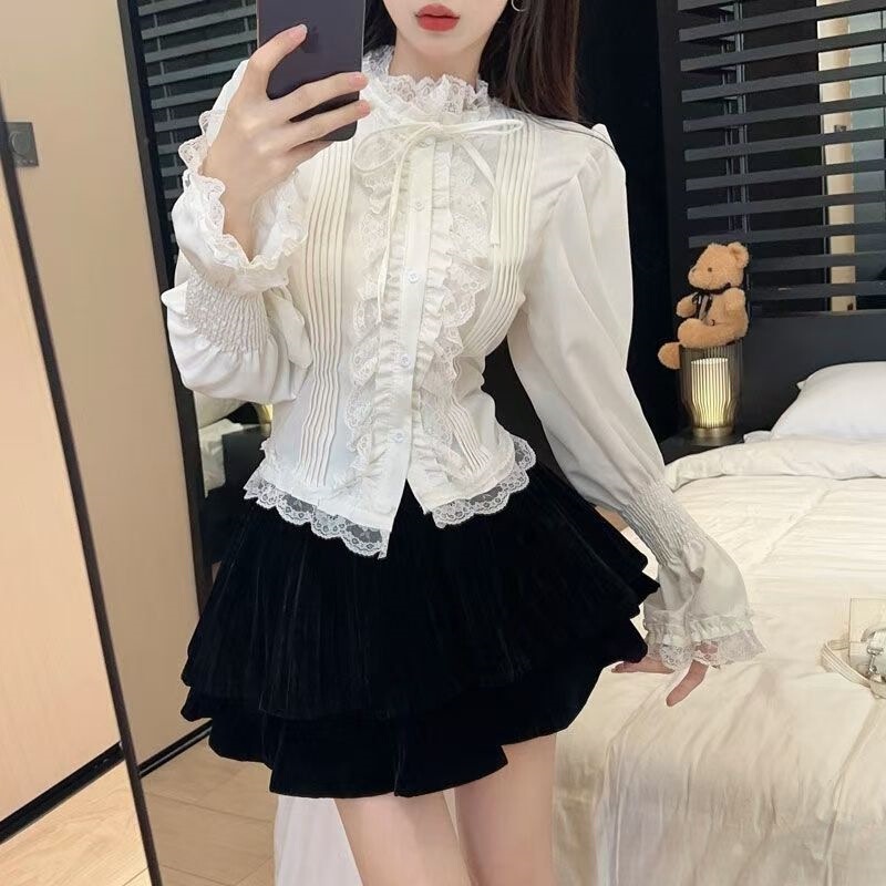 Chanel-Style Flared Puff Sleeve Shirt for Women, Autumn and Winter French Court Style Half-High Collar Top, Lace Base Layer Shirt