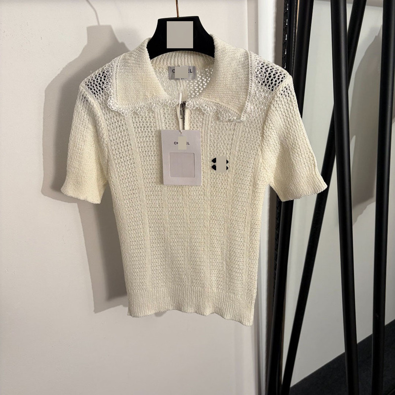 Nanyou High-End Style New Chanel-Style Logo Embroidery Patch Lace Collar Hollow-Out Short-Sleeve Knit Top Nanyou High-End Style New Chanel-Style Logo Embroidery Patch Lace Collar Hollow-Out Short-Sleeve Knit Top