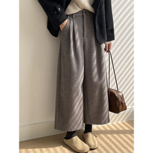 言双 复古高腰毛呢阔腿裤女秋冬韩系百搭宽松直筒长裤九分裤82181