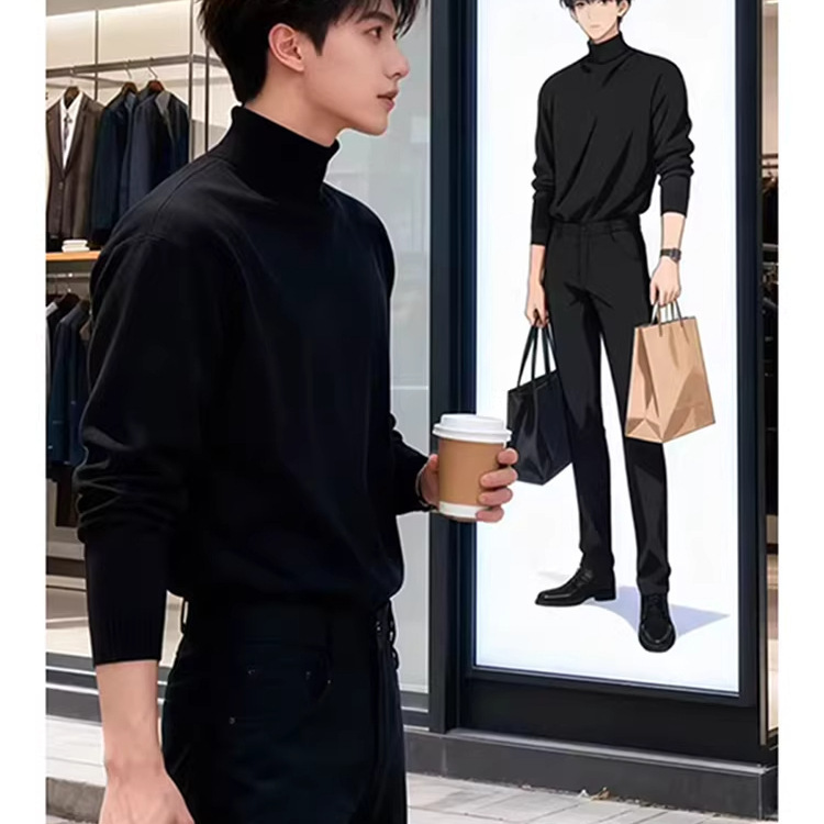 Black Korean-Style Turtleneck Sweater for Men, Winter High-End Slim-Fit Knitwear with Fleece Lining, Thick Base Layer Black Korean-Style Turtleneck Sweater for Men, Winter High-End Slim-Fit Knitwear with Fleece Lining, Thick Base Layer
