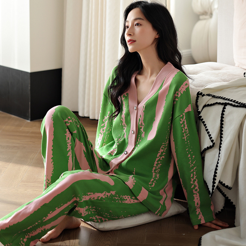 Women's pajamas, spring and autumn collection, pure cotton long-sleeved loungewear, fashionable all-cotton green set with a high-end feel, suitable for wearing outside Women's pajamas, spring and autumn collection, pure cotton long-sleeved loungewear, fashionable all-cotton green set with a high-end feel, suitable for wearing outside