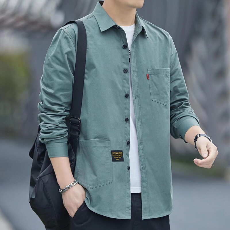 Pure Cotton Long-sleeved Shirt Men's Spring and Autumn Hong Kong Style Casual All-match Tooling Cotton Shirt Jacket Loose Men's Fashion