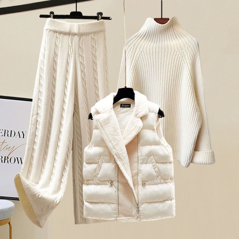 Cross-Border 2025 New Suit Women's Thickened Vest High Collar Knitted Sweater Wide Leg Pants Three-Piece Set Autumn and Winter