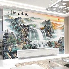 现代新中式流水生财电视背景墙壁纸大气山水影视墙布客厅装饰壁画
