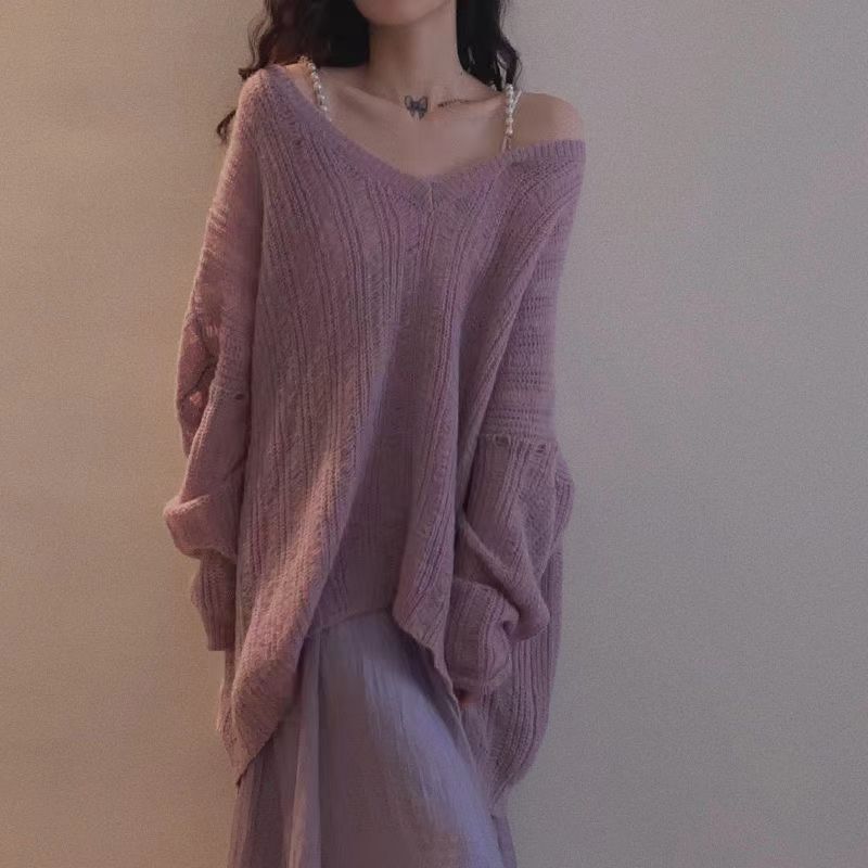 春秋季新款慵懒风针织毛衣女宽松外穿镂空鸡心领休闲显瘦打底衫薄|undefined