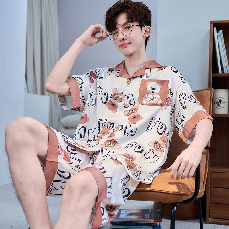 Ice Silk Cool Summer Pajamas Pullover Men's Short-Sleeved Student Loose Plus Cartoon Youth Home Wear Set
