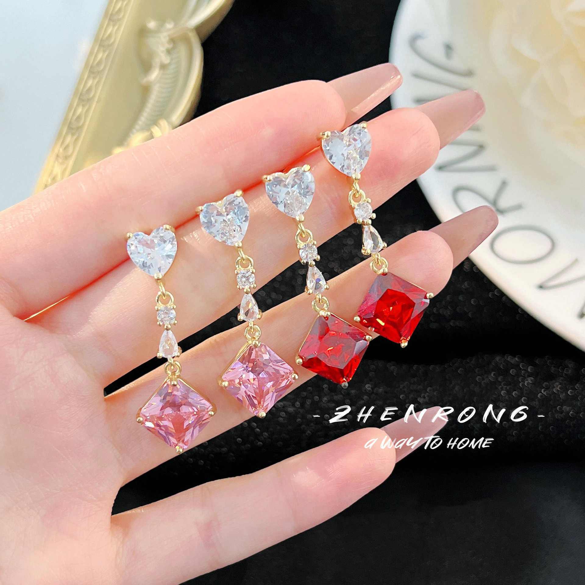 Fashionable sophisticated long geometric square pink-purple earrings…