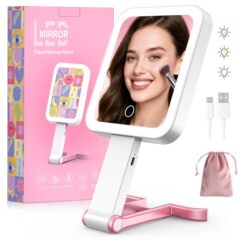 LEDポータブルライト付き化粧鏡 3in1 女性用メイクアップハンドミラー 携帯用旅行ミラー