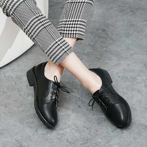 Small leather shoes for women, British style college students, flat lace-up shoes, comfortable and versatile, black formal interview work shoes