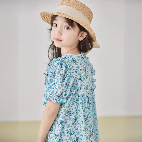 Girl's Spring and Summer New Blue Floral Dress with Korean Style Round Neck Sweet Bouquet Sleeve Princess Dress