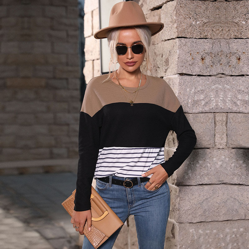 Striped Contrasting Round Neck Long Sleeve Loose Sweater Pullover_voghion.com
