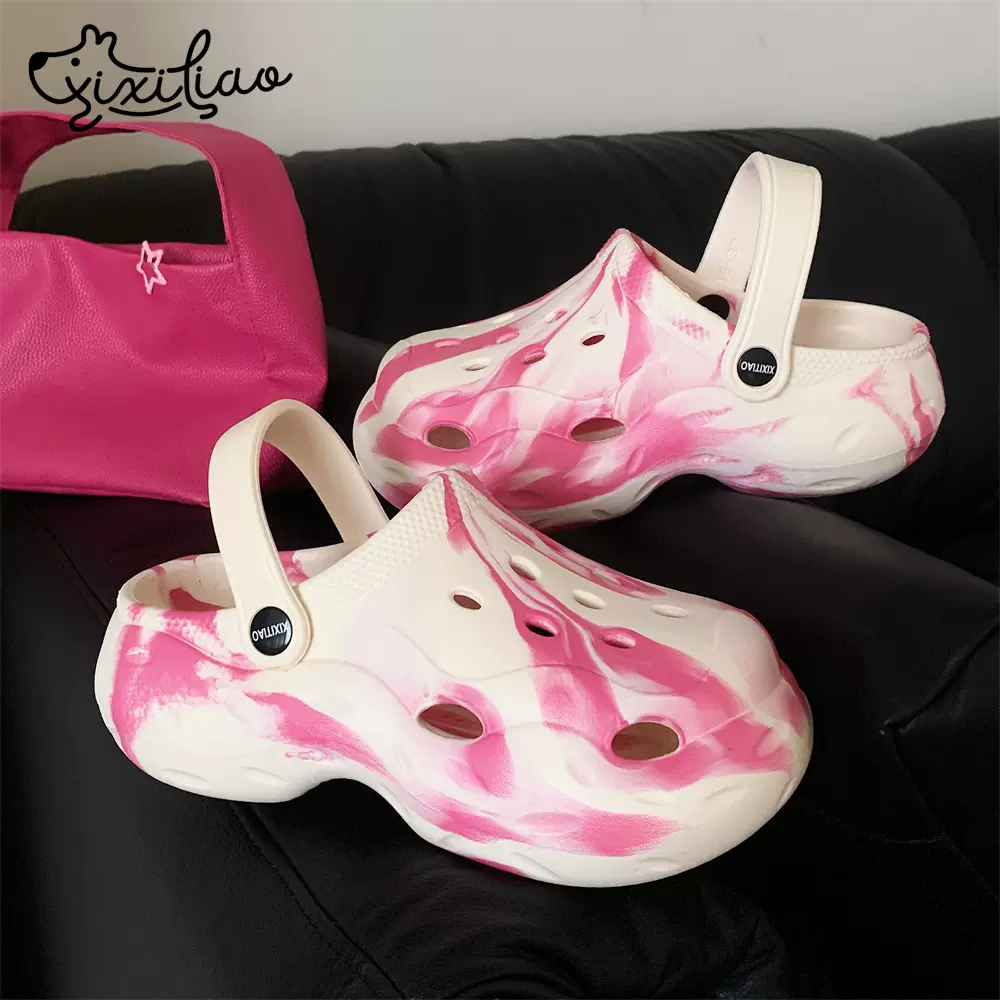 韩版时尚创意晕染包头洞洞鞋街头风运动学生夏季外穿厚底沙滩鞋女