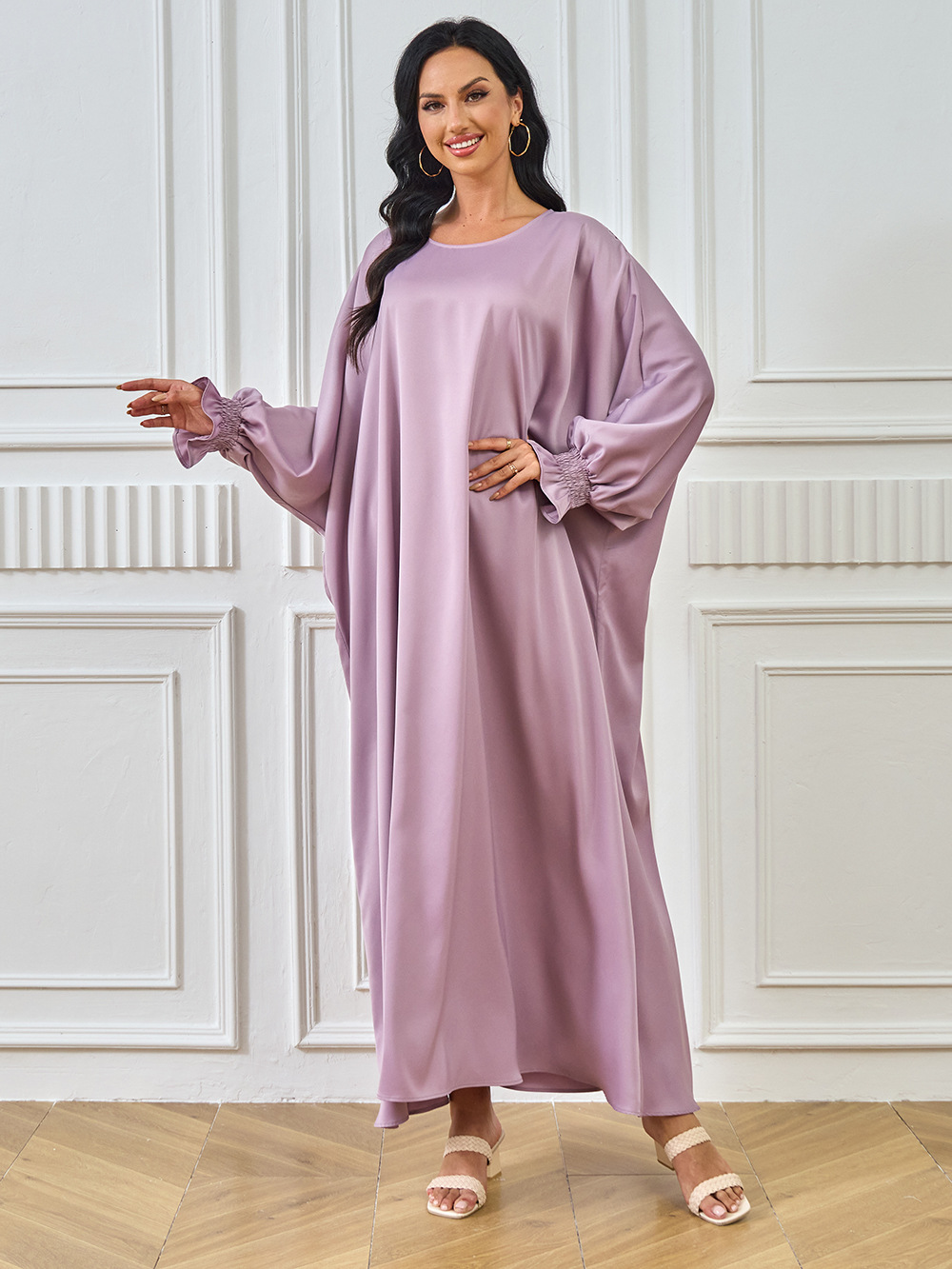 2024 New Cross-Border Abaya Dubai Muslim Middle Eastern Women's Long Robe Solid Color Dress_ecoleips.com