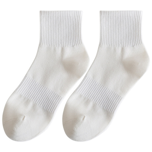 2024 white socks for women spring and autumn cotton double-section elastic waistband mid-calf socks ins trendy solid color sports socks