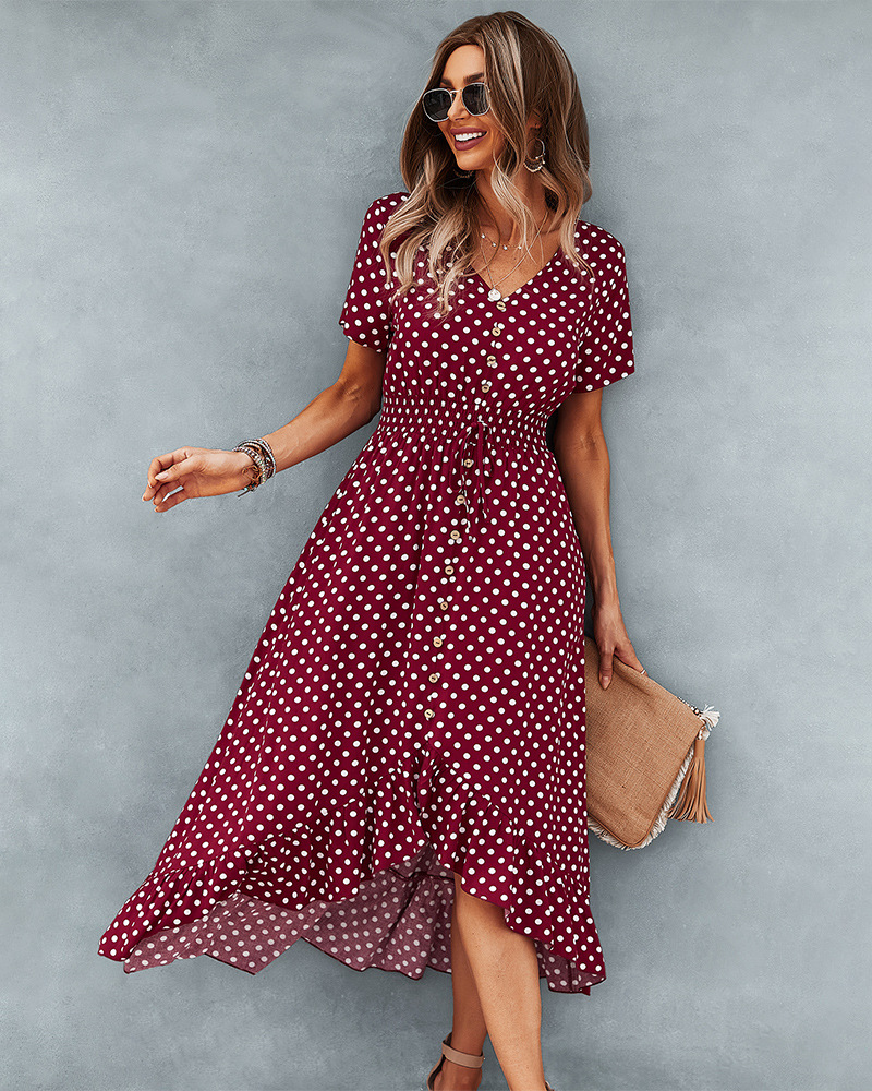 Short-Sleeved V-Neck Polka Dot Single-Breasted Dress NSDY100682