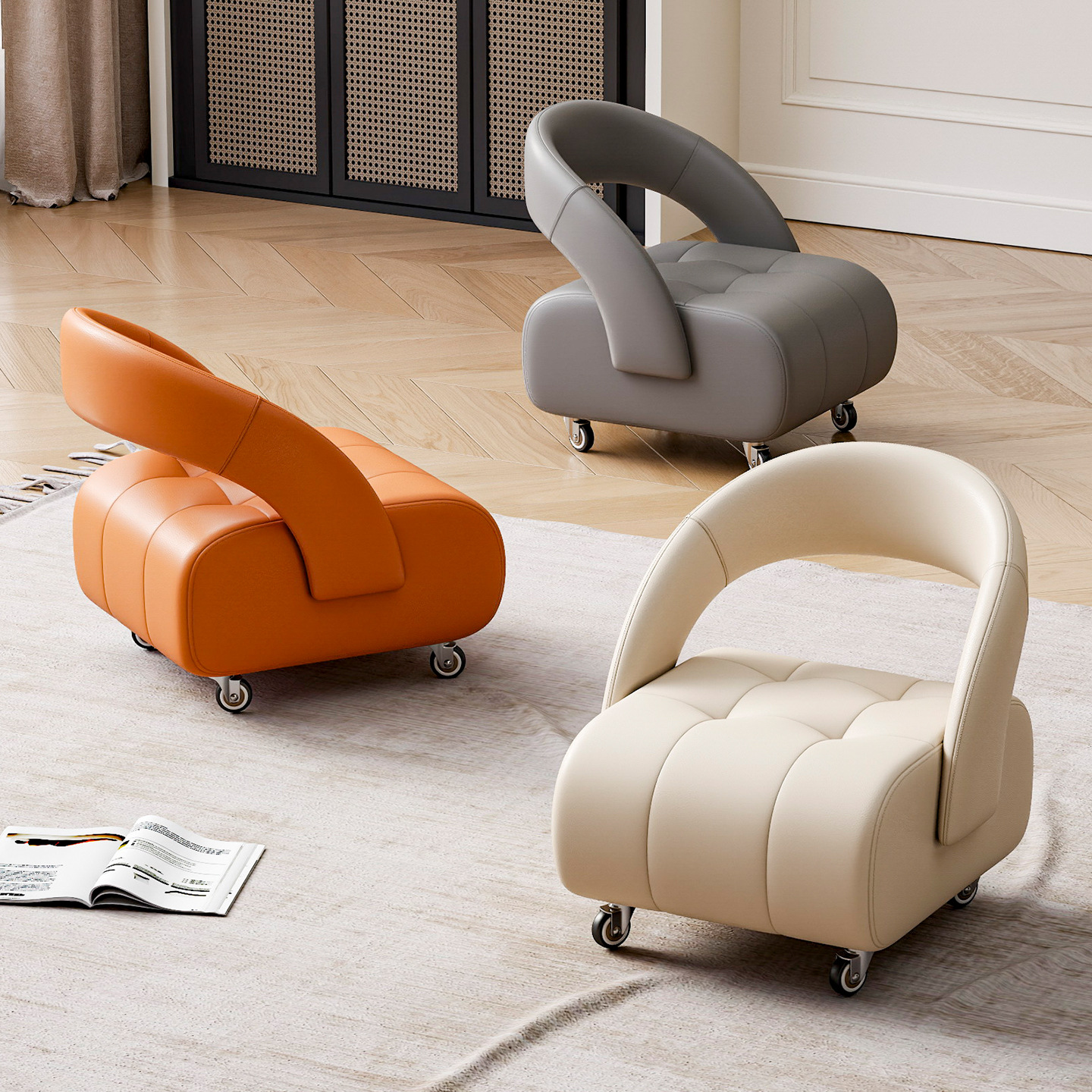 High-End Sliding Stool with Silent Wheels, Small Bench, Sofa Stool with Backrest, Household Small Stool Chair with Swivel Wheels for Living Room