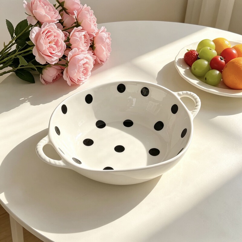 Japanese-Style Black and White Polka Dot Round Plate with Lace Edge, Double-Handle Plate, Spoon, Salad Bowl, Rice Bowl, Household Ceramic Tableware Set