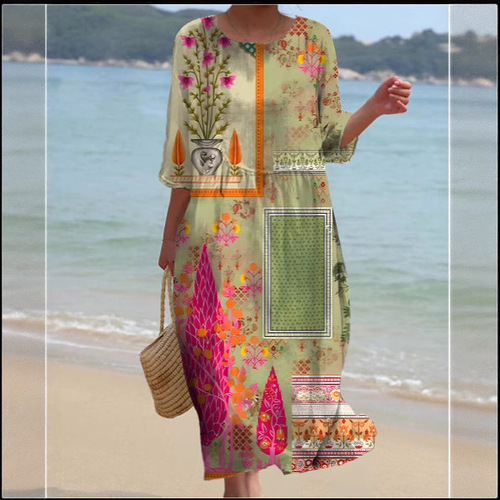 2024 Summer Cross-Border Amazon European and American Women's Casual Fashion Round Neck Long Print Dress for Women