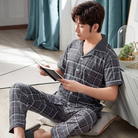 Pijamas de verano para hombre 100% algodón pantalones de manga corta verano para hombres jóvenes más tamaño Delgado homewear traje de hombre