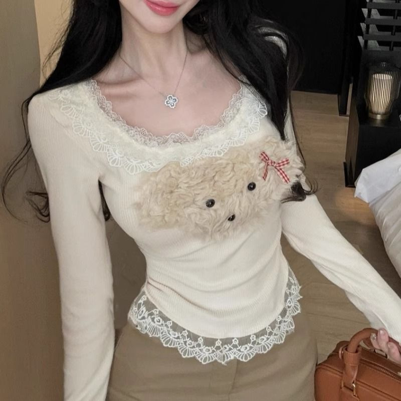 Ins Pure Desire Velvet Warm Puppy Lace Splicing Bottoming Top for Women Spring & Fall Slim Sweet Sexy Top for Women t