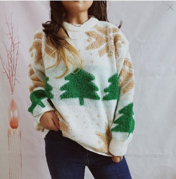 Amazon transfronterizo otoño e invierno nuevo árbol de Navidad jacquard cuello redondo manga larga engrosada Jersey de punto suéter de Navidad para las mujeres