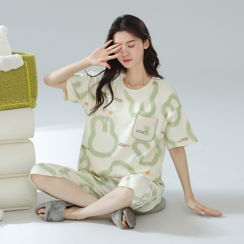 [가슴 패드와 함께] 잠옷 여자 여름 면 반소매 자른 바지 투피스 세트 여자 여름 코튼 홈 의류 세트