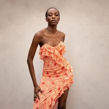 跨境拼接性感开叉连衣裙交叉绑带雪纺吊带裙木耳边雪纺碎花长裙