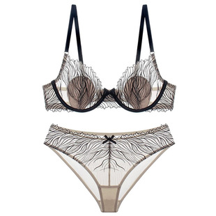 2025 new European and American foreign trade plus size underwear sexy lace embroidery ultra-thin big chest leopard print bra suit