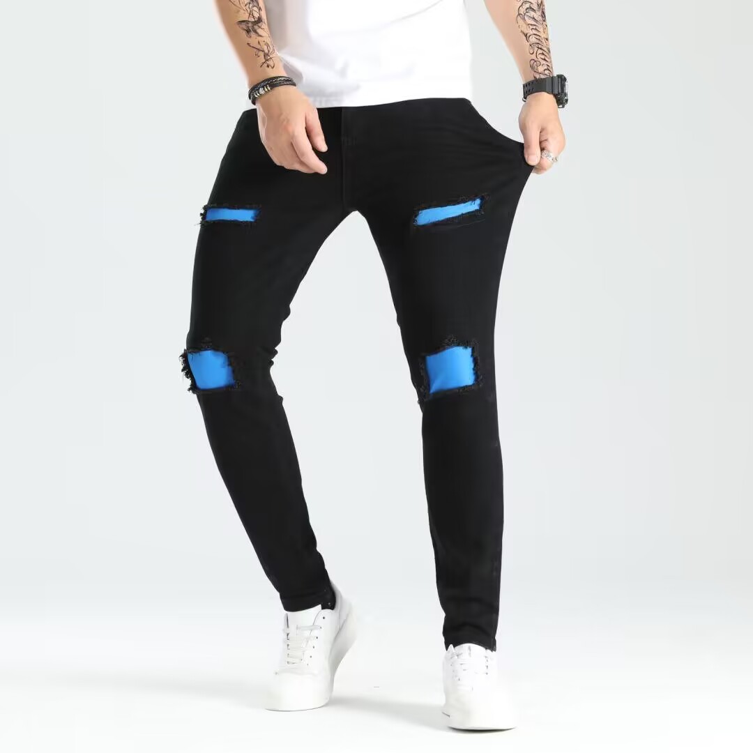 Jeans Ajustados Rasgados para Hombre de Algodón, Elástico, Con Parches, para Uso Casual image 3