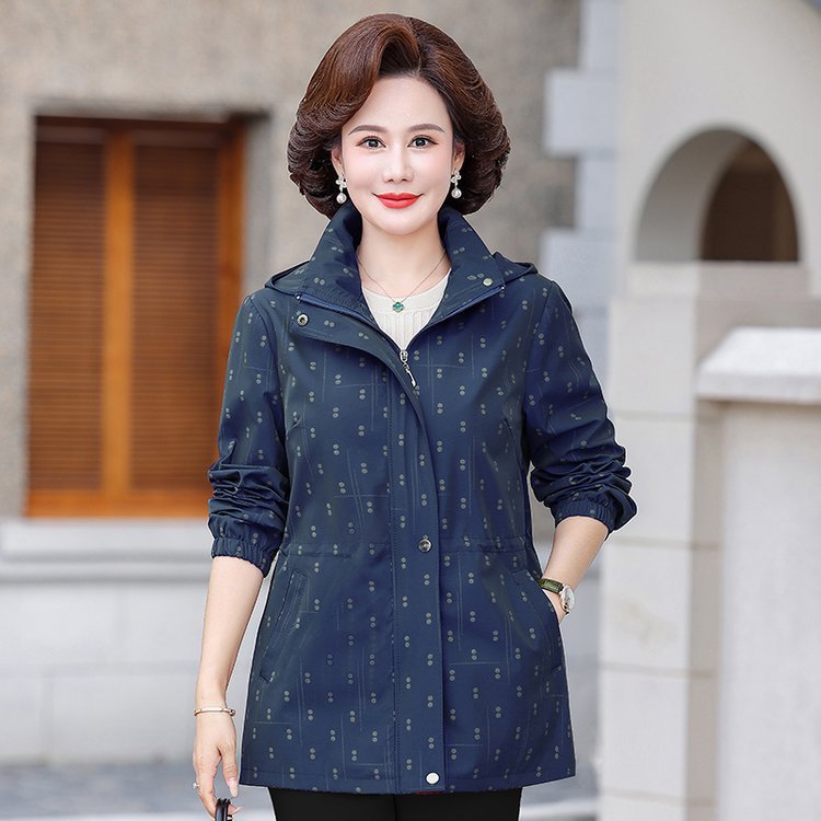 2025春秋新款大码妈妈装气质可拆连帽风衣夹克女中老年印花外套|undefined