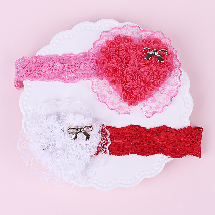 Children's Headwear Wholesale Love Lace Elastic Headband Small Bow Embroidered Heart Headband display picture 1