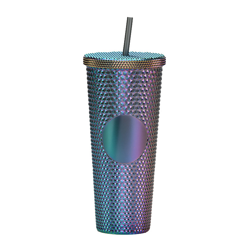 二層プラスチックストローカップ大容量クリエイティブ 710 ミリリットルドリアンカップハンドカップ発光変色レインボーグラデーションカップ|undefined