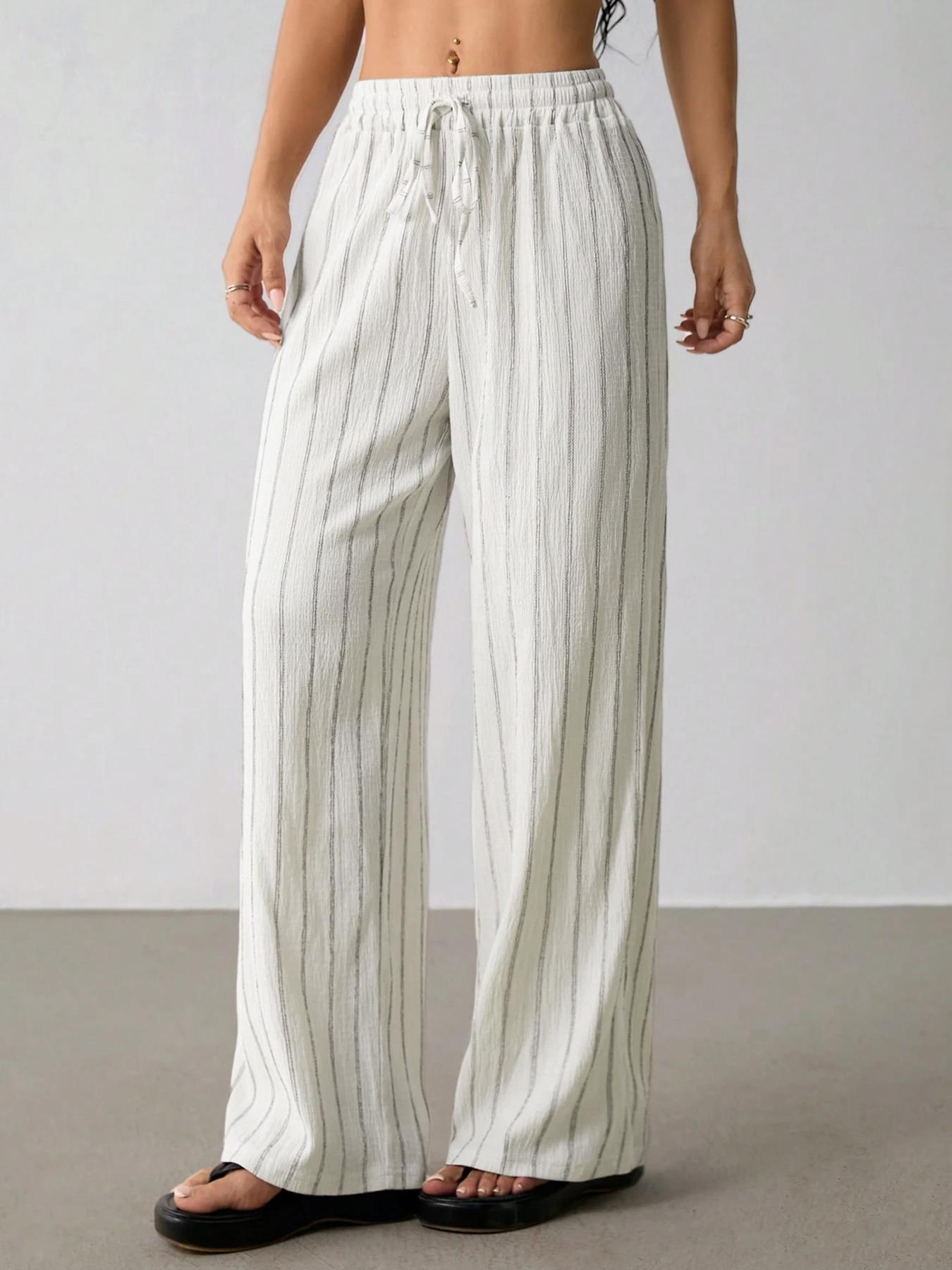 Damen Freizeithose Locker Gestreift Mit Elastischem Kordelzug_voghion.com