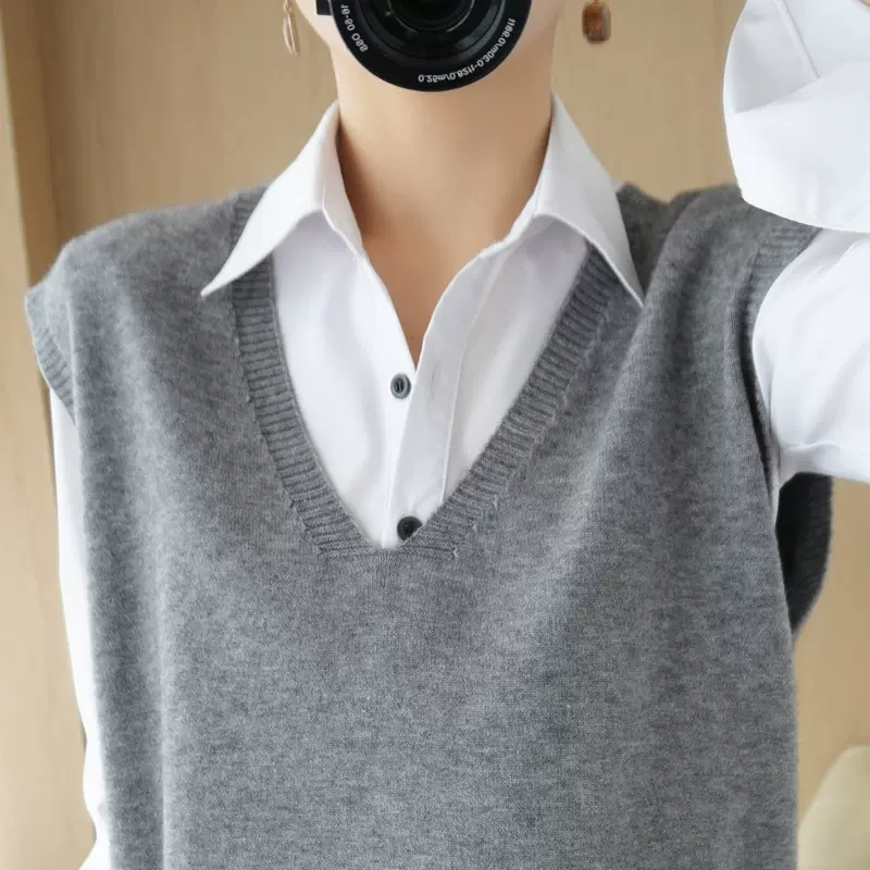 早秋装宽松大V领毛衣针织无袖背心韩版纯色减龄休闲女式马甲上装