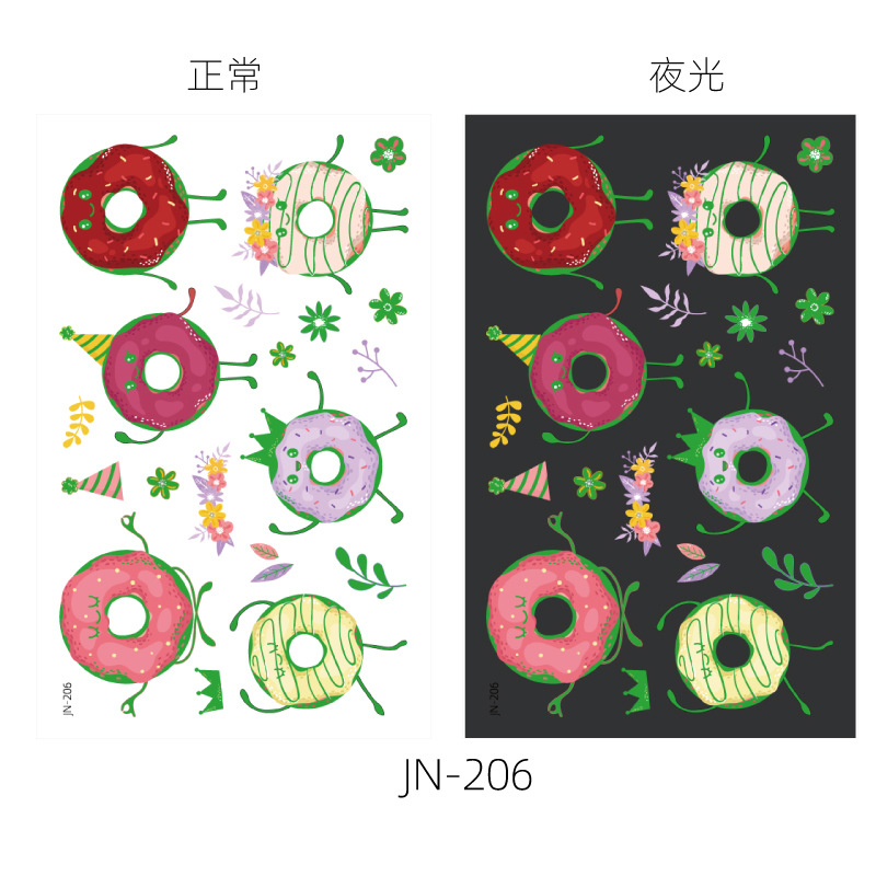 Respetuoso del medio ambiente impermeable de larga duración luminoso lindo donut niños tatuaje pegatinas luminoso postre fantasía tatuaje pegatinas