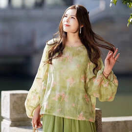 2025夏季文艺复古国风女装苎麻蝴蝶刺绣上衣圆领蝙蝠袖衬衫茶服