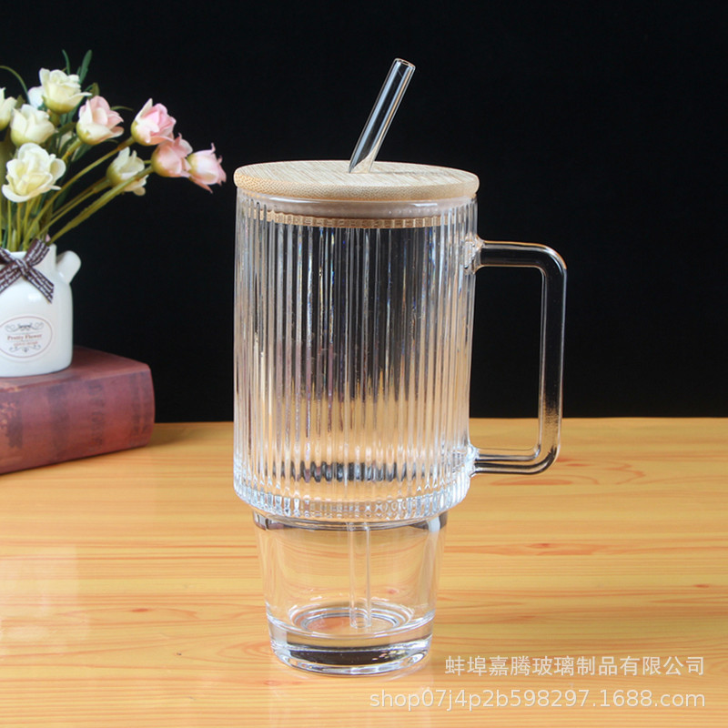 Taza de paja de vidrio vertical con mango, taza de café latte de hielo, taza de jugo de bebida de gran capacidad, taza de regalo de fiesta