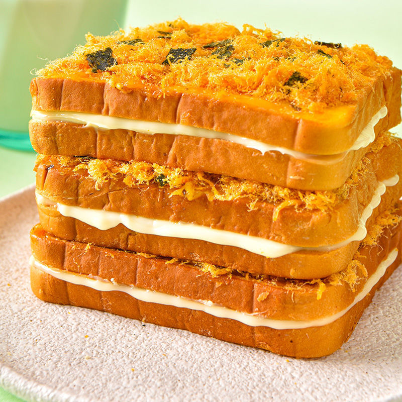 Tuna and meat floss sandwich toast with cream cheese and meat floss bread, breakfast soft bread, full box cake, snack.