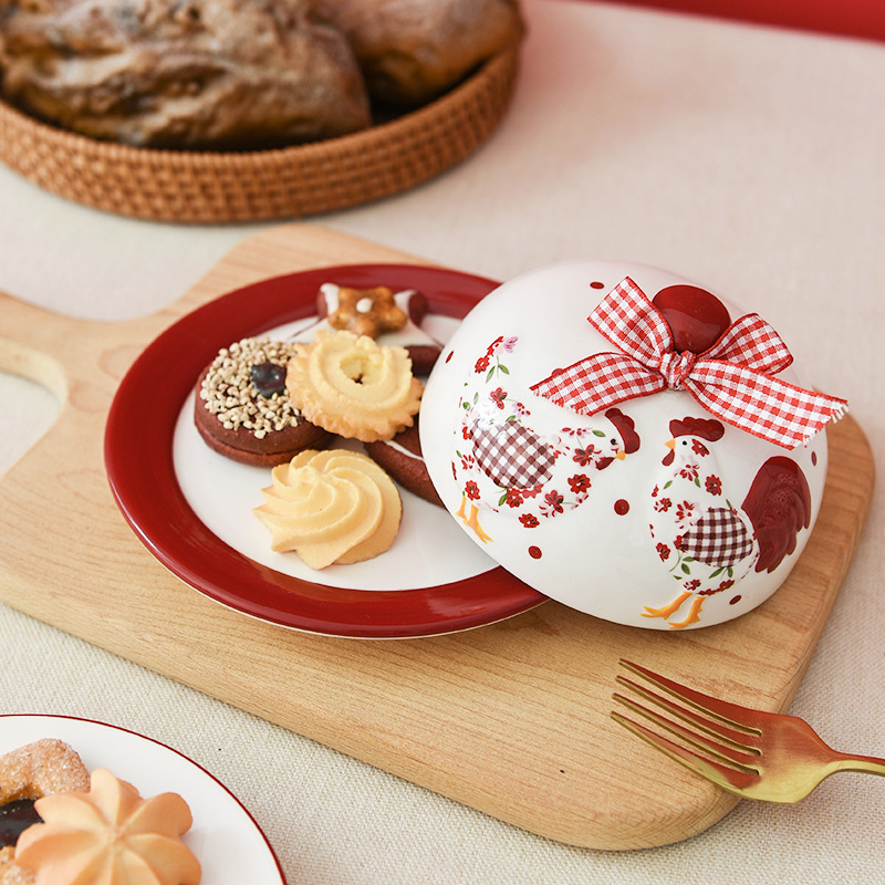 Estilo pastoral rojo floral pollo cerámica plato de mantequilla decorativo merienda plato postre plato ins estilo vajilla Pascua