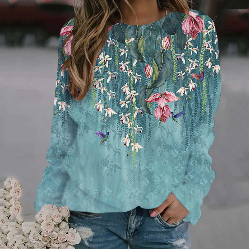3D digital printed women's round neck hoodie with floral patterns for spring autumn clothing, long sleeved and loose_voghion.com