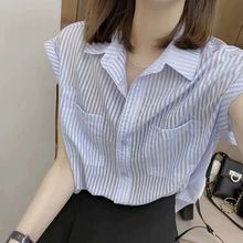 2025夏新款欧货竖条纹雪纺衬衫女设计感轻薄透气质POLO领口袋上衣