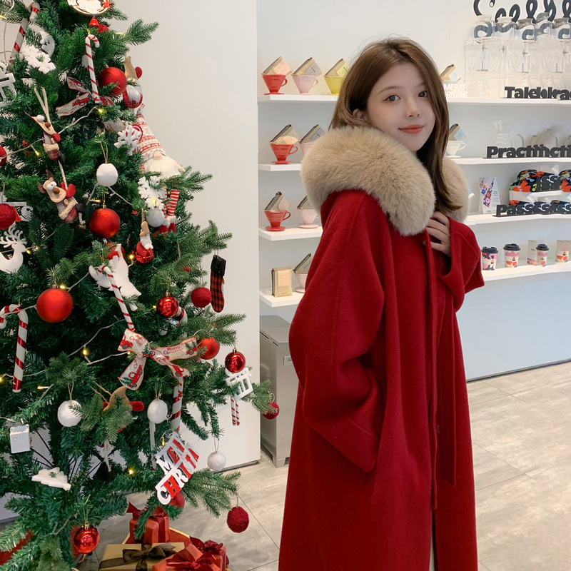 [2024] Little Witch All Wool Lace-up Fox Big Wool Collar Double-sided Wool Coat Women's Autumn and Winter Long Red
