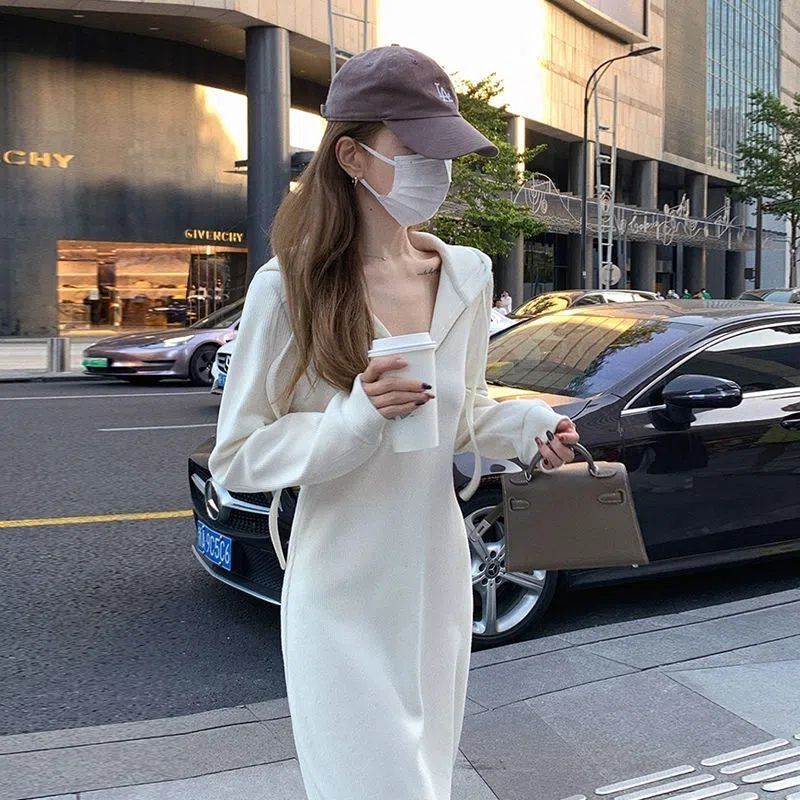 French-Style Hooded Sweatshirt Dress for Women, Spring and Autumn 2026 New Casual Waist-Cinching Slimming Long Dress