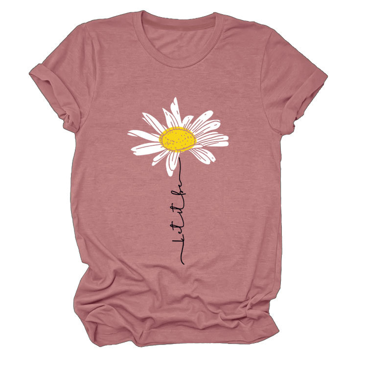 LET IT BE DAISY carta casual manga corta Amazon europeo y americano de las mujeres Top cuello redondo Camiseta suelta